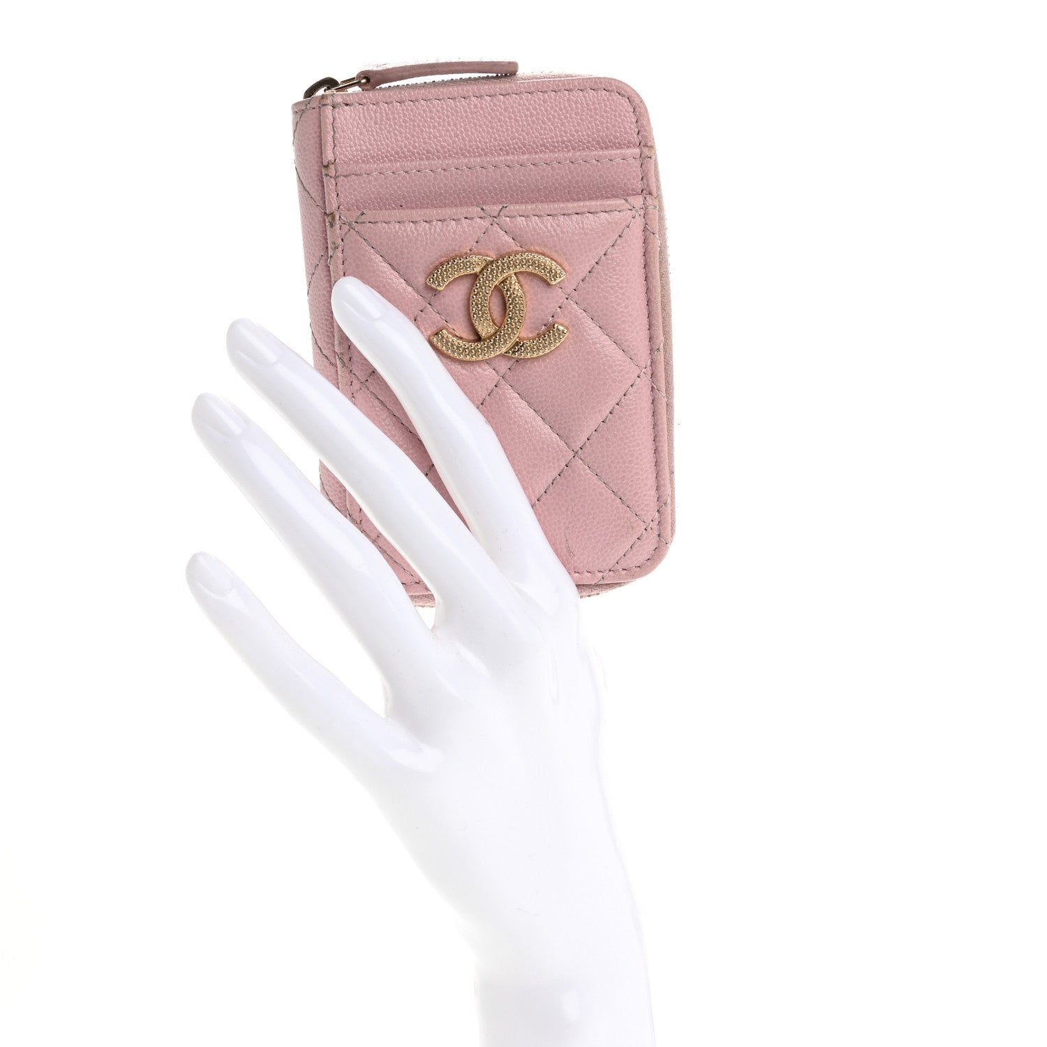 Caviar Quilted Studded CC Zip  Holder Pink