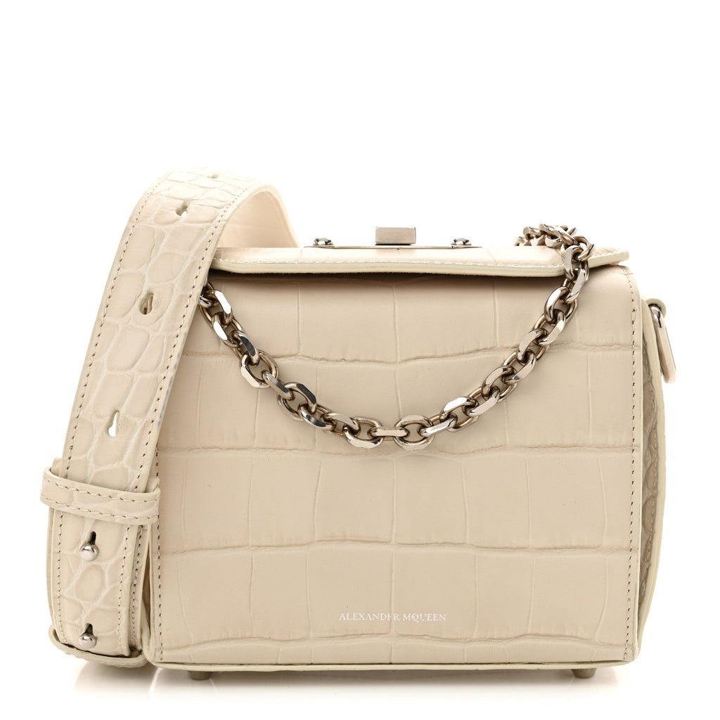 Calfskin Crocodile Embossed Box Shoulder Bag 16 White Bone
