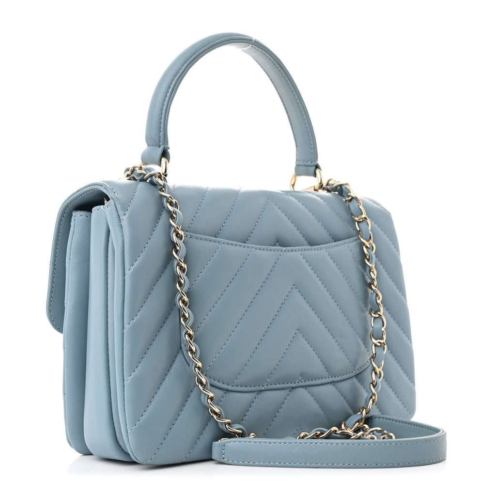 Lambskin Chevron Quilted Small Trendy CC Flap Dual Handle Bag Light Blue