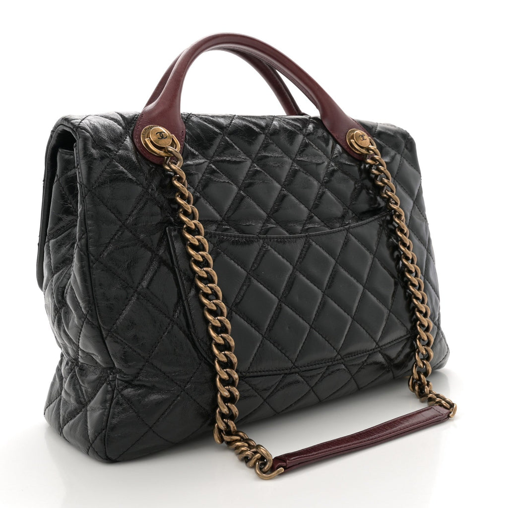 Glazed Calfskin Castle Rock Large Flap Black Burgundy