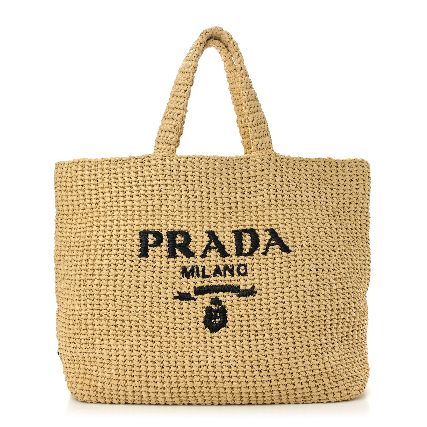 Yarn Raffia Effect Crochet Embroidered Logo Tote Naturale