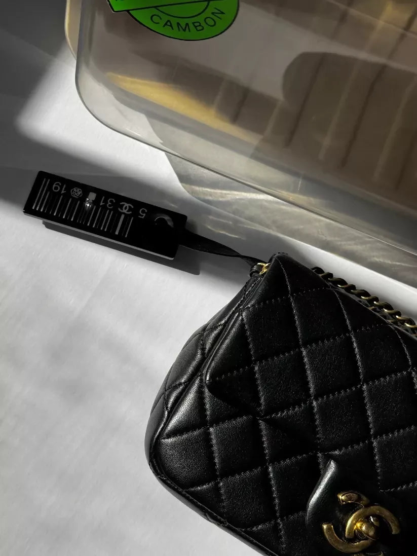 Chanel 2014 Black Lambskin Minaudière “Meat Package” Flap Bag