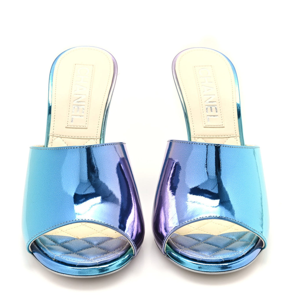 Laminated Calfskin Wedge Mules 38 Blue Purple