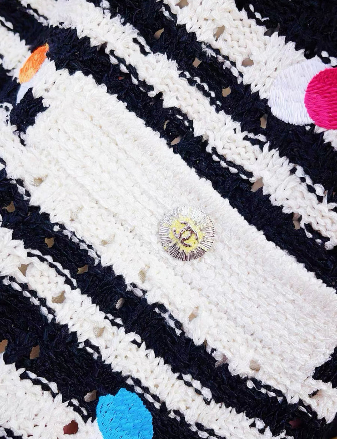 Chanel 24S black and white striped colorful polka dot navy collar knitted top size 36