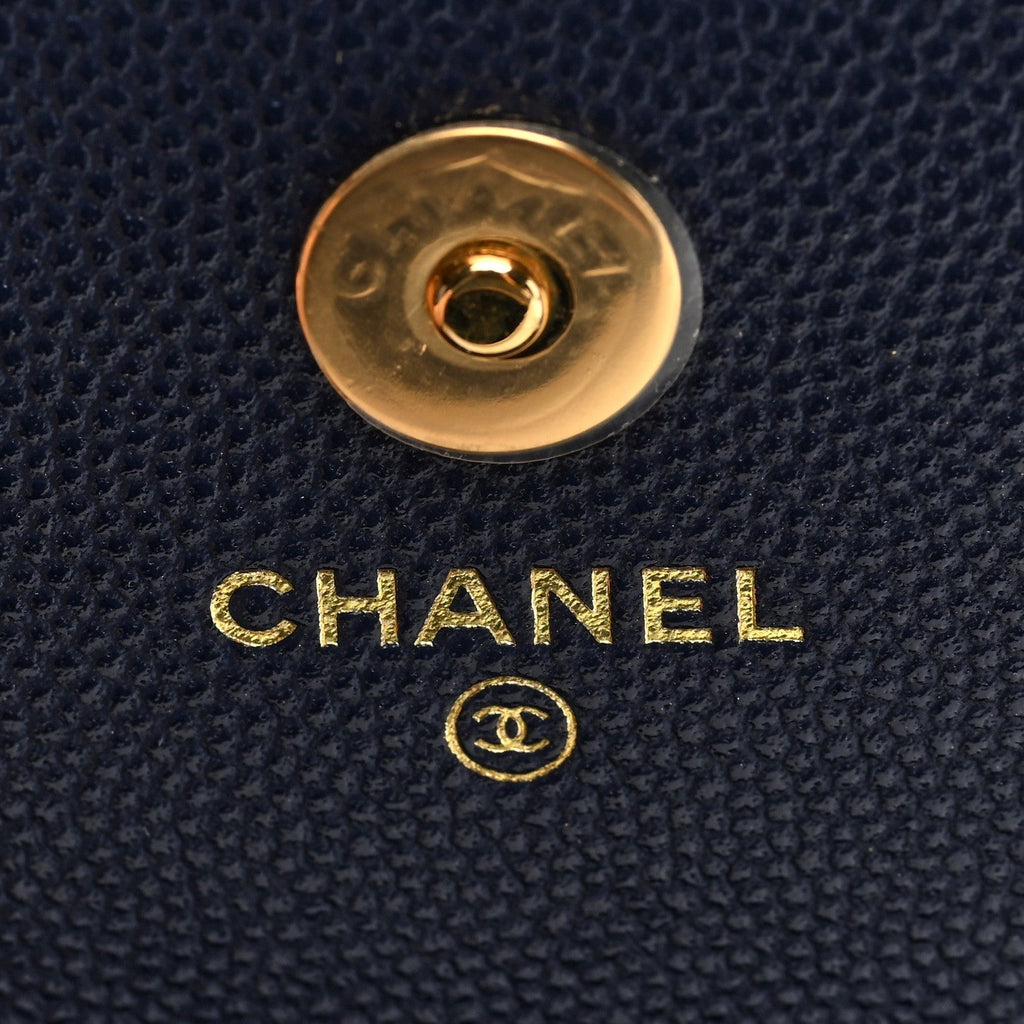 Caviar Quilted Pocket Twins Clutch With Chain Navy Blue