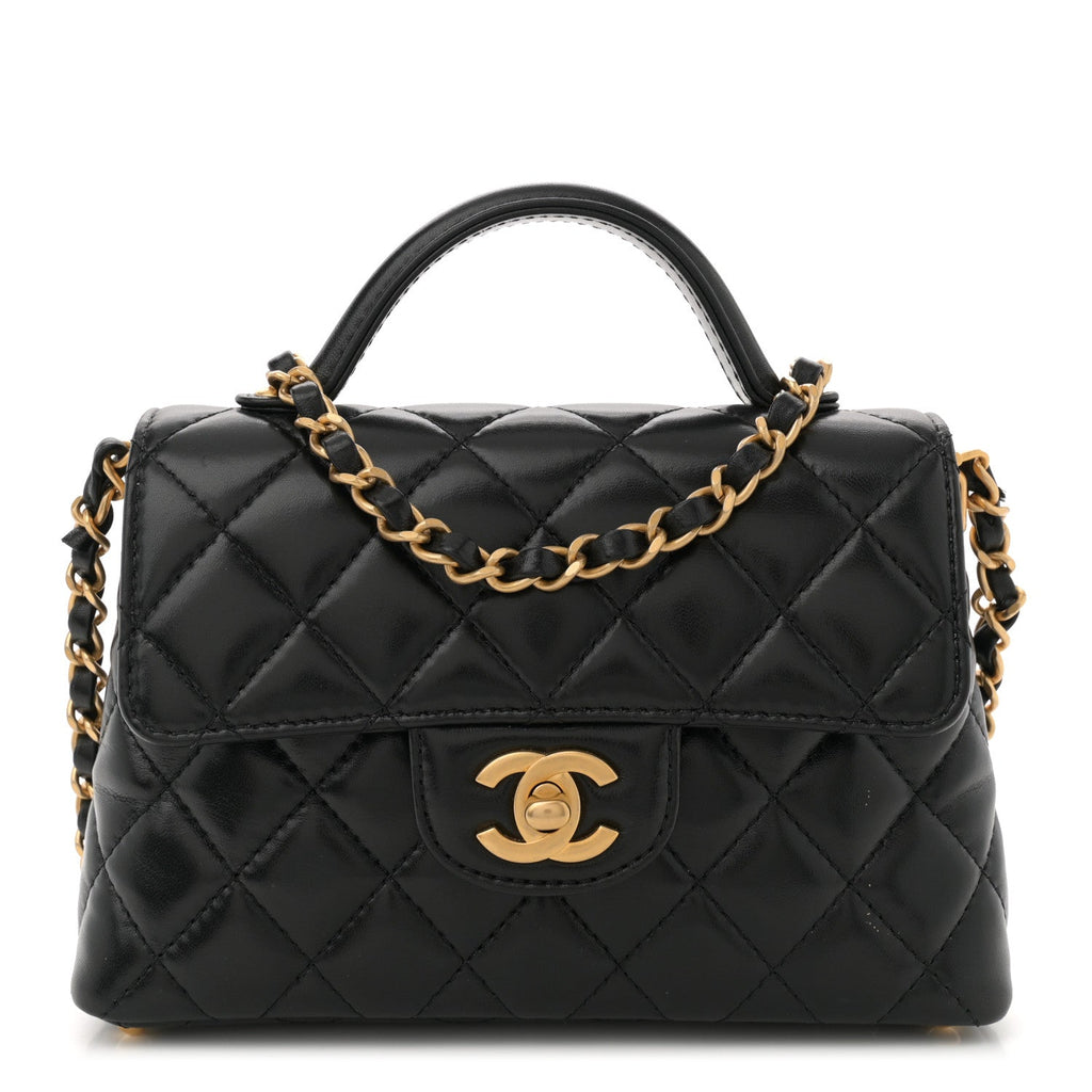 Lambskin Quilted Small Flap Top Handle Bag Black