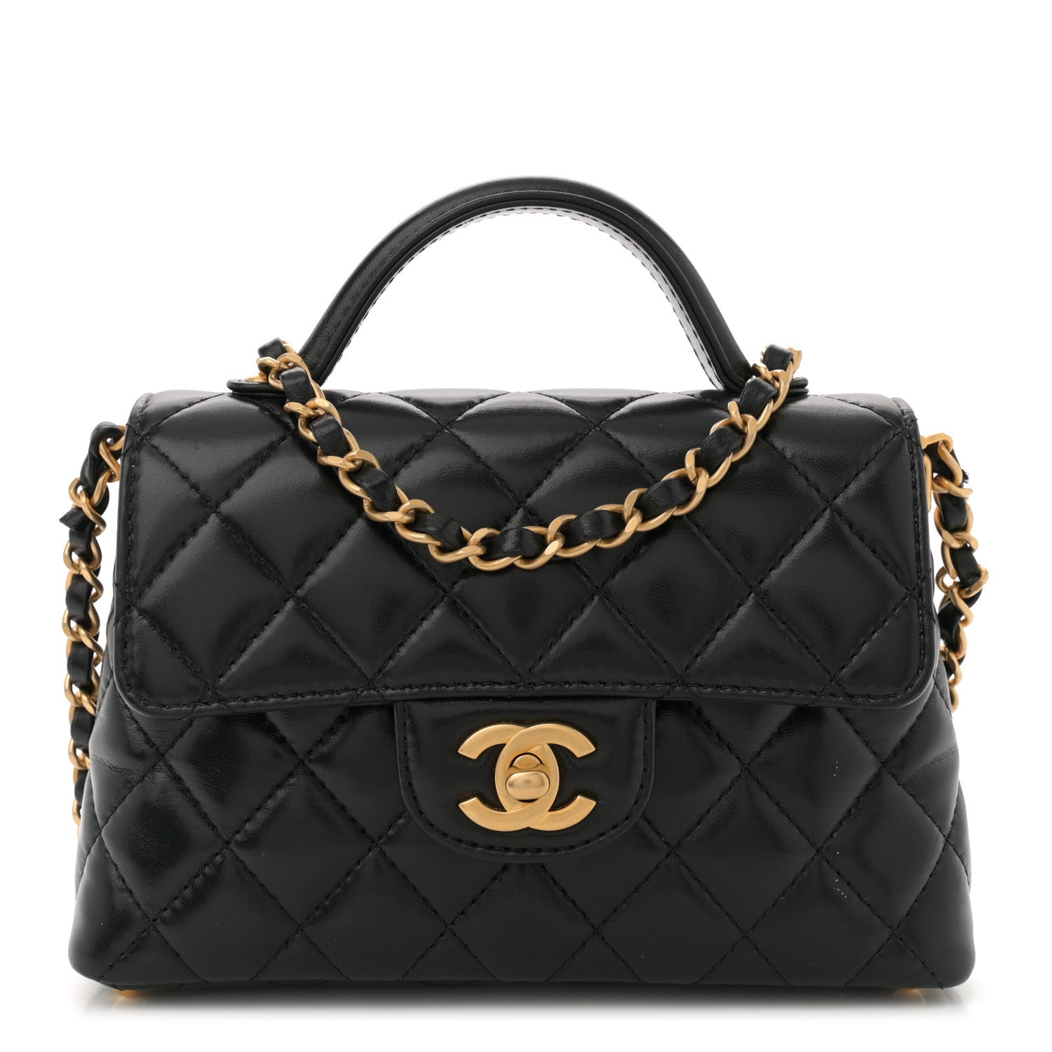 Lambskin Quilted Small Flap Top Handle Bag Black