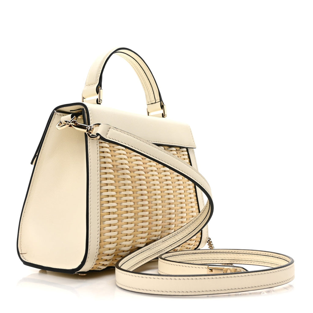 Wicker Calfskin Small VSling Top Handle Bag Natural White