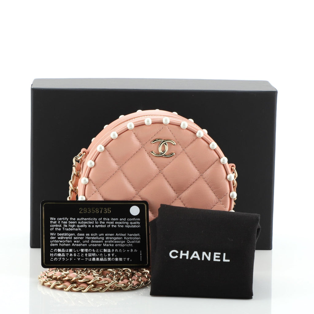 Round Clutch with Chain Quilted Calfskin with Pearl Detail