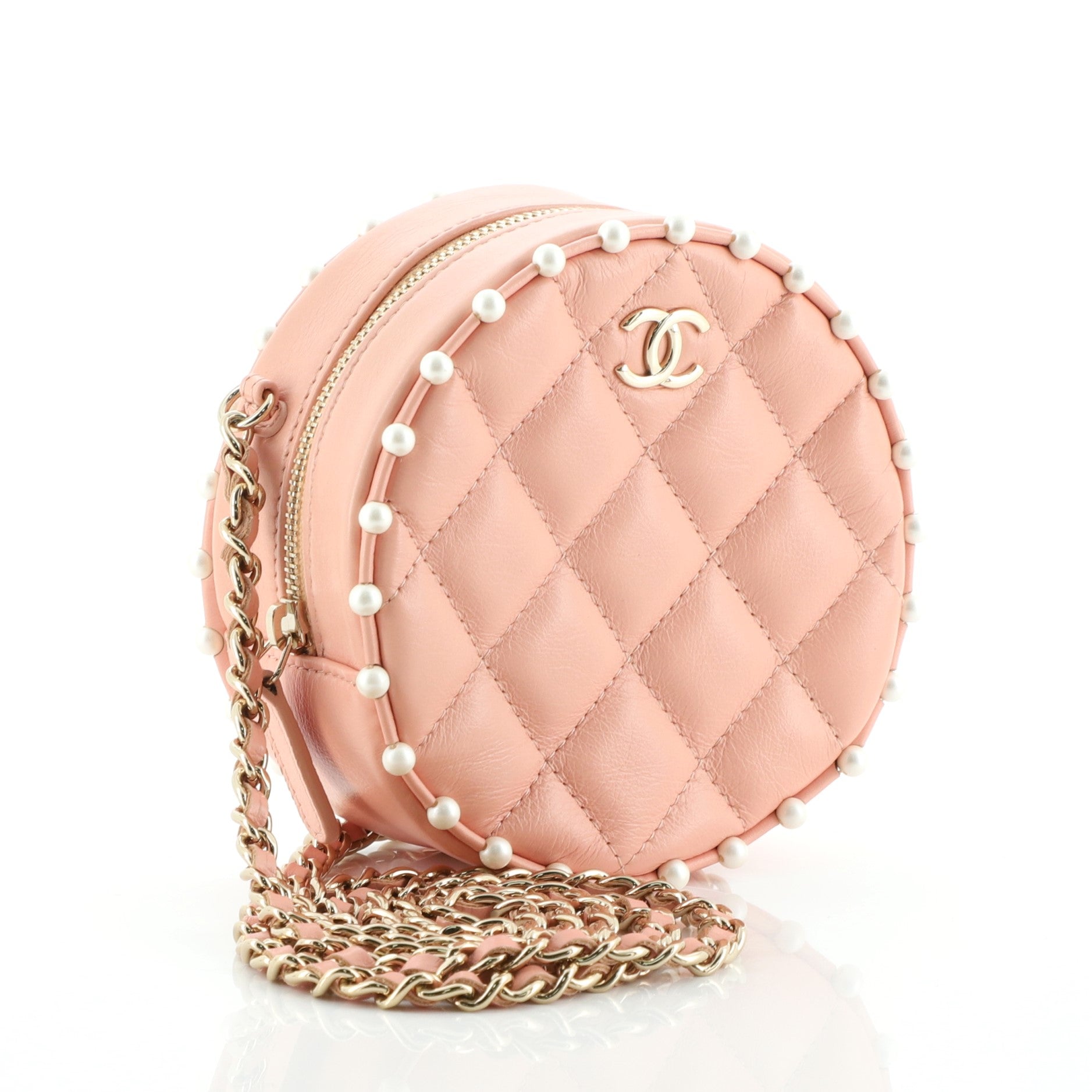 Round Clutch with Chain Quilted Calfskin with Pearl Detail