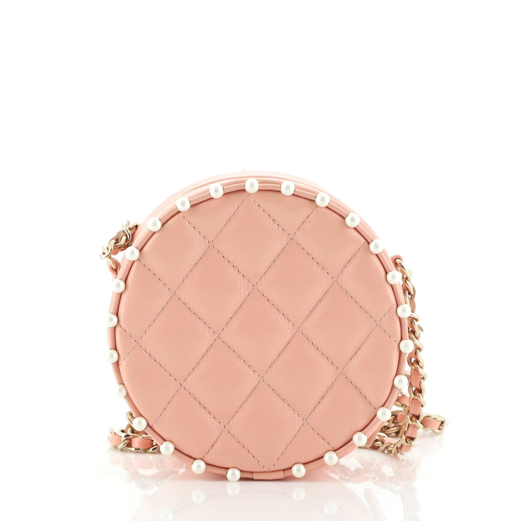 Round Clutch with Chain Quilted Calfskin with Pearl Detail