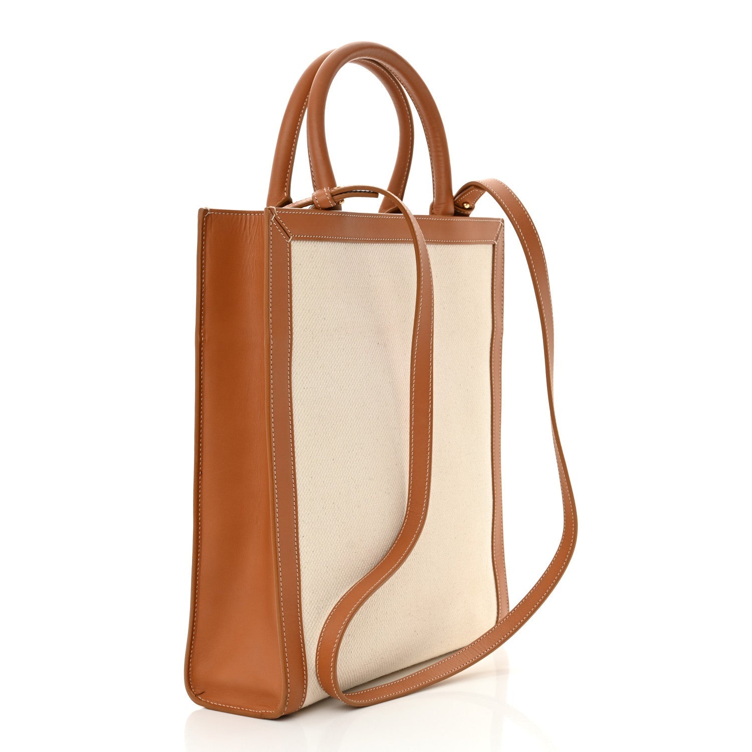 Canvas Calfskin Logo Print Small Vertical Cabas Natural Tan