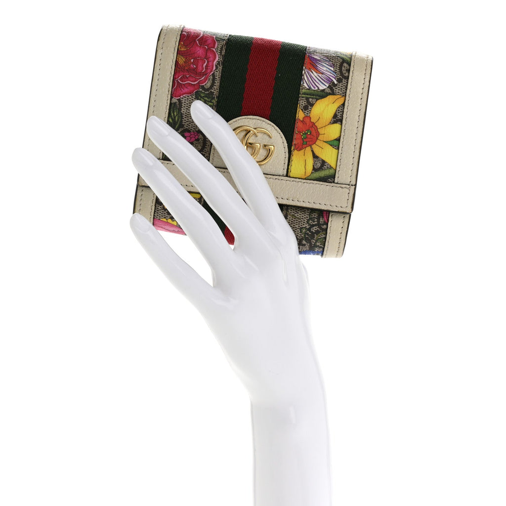 GG Supreme Monogram Flora Textured Calfskin Web Ophidia  Case Wallet Beige Ebony Multicolor Mystic White