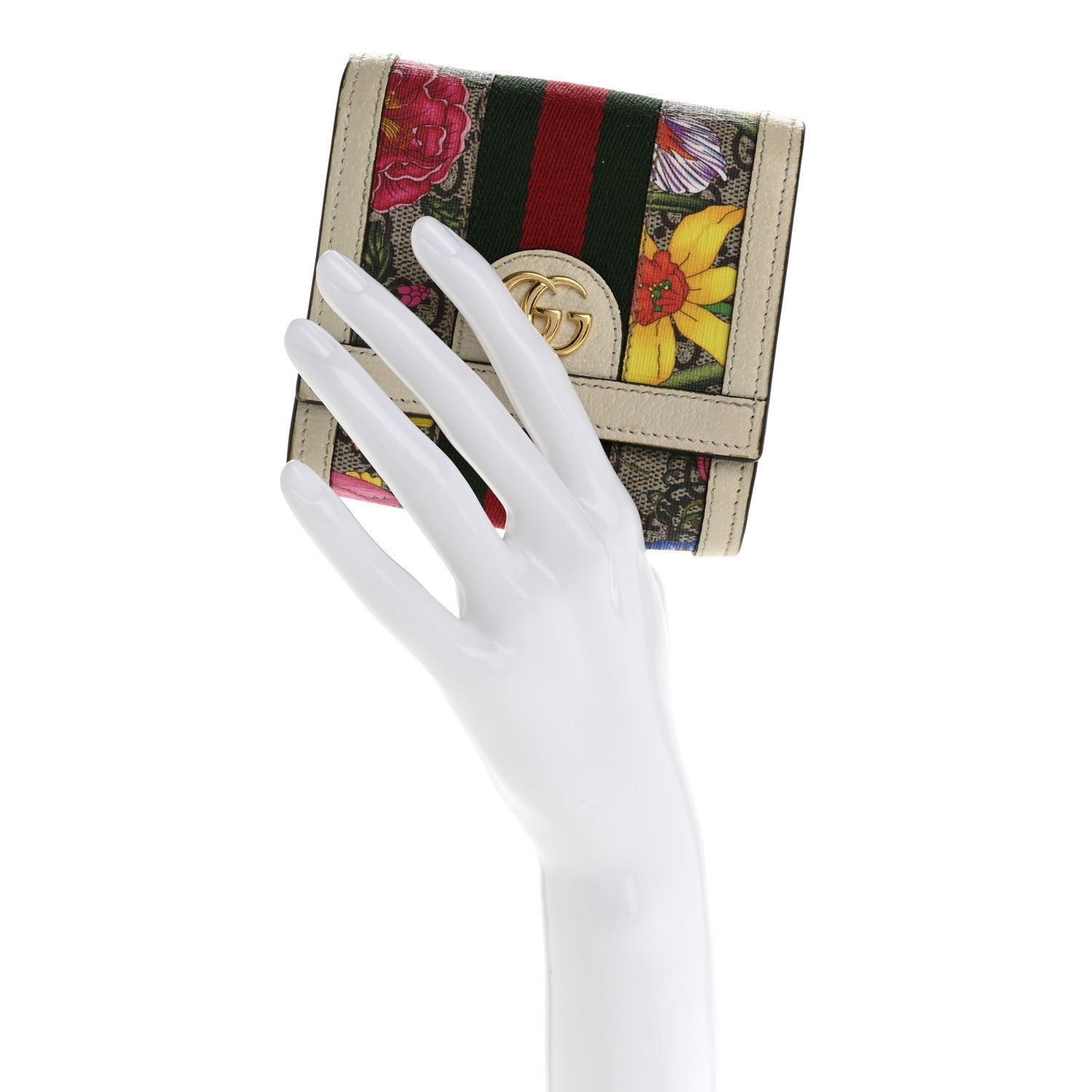 GG Supreme Monogram Flora Textured Calfskin Web Ophidia  Case Wallet Beige Ebony Multicolor Mystic White