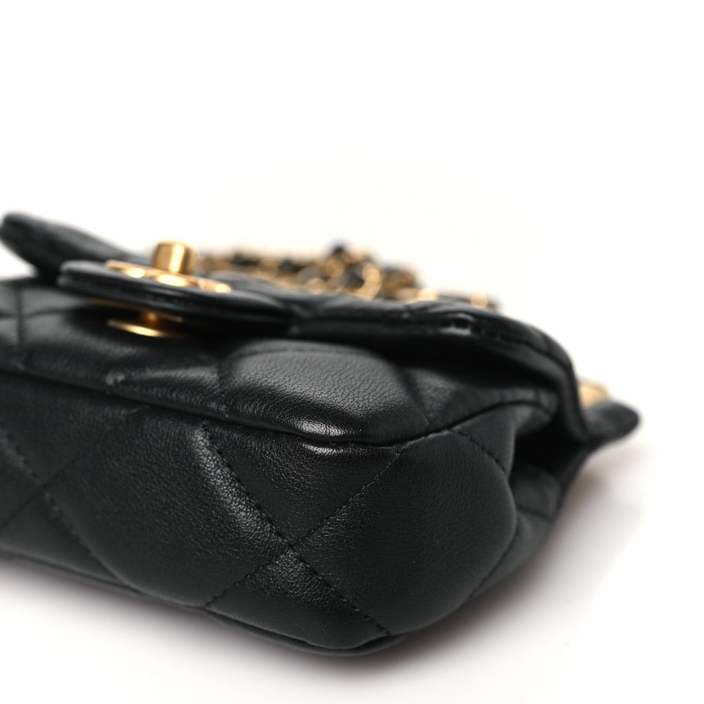 Calfskin Quilted Lady Handle Clutch With Chain Black