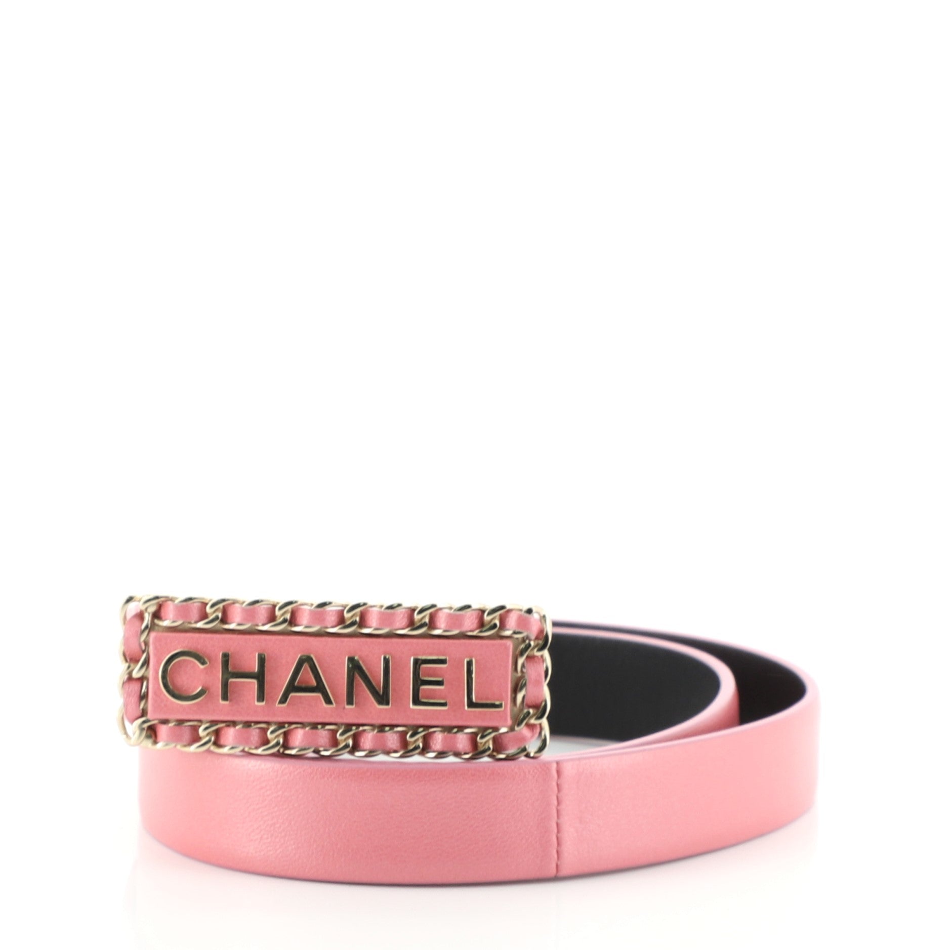 Chain Around Logo Plate Belt Leather Thin 75