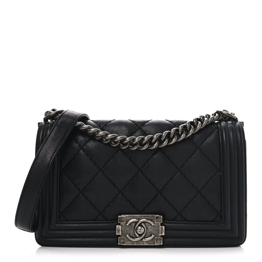 Calfskin Quilted Small Boy Flap Black