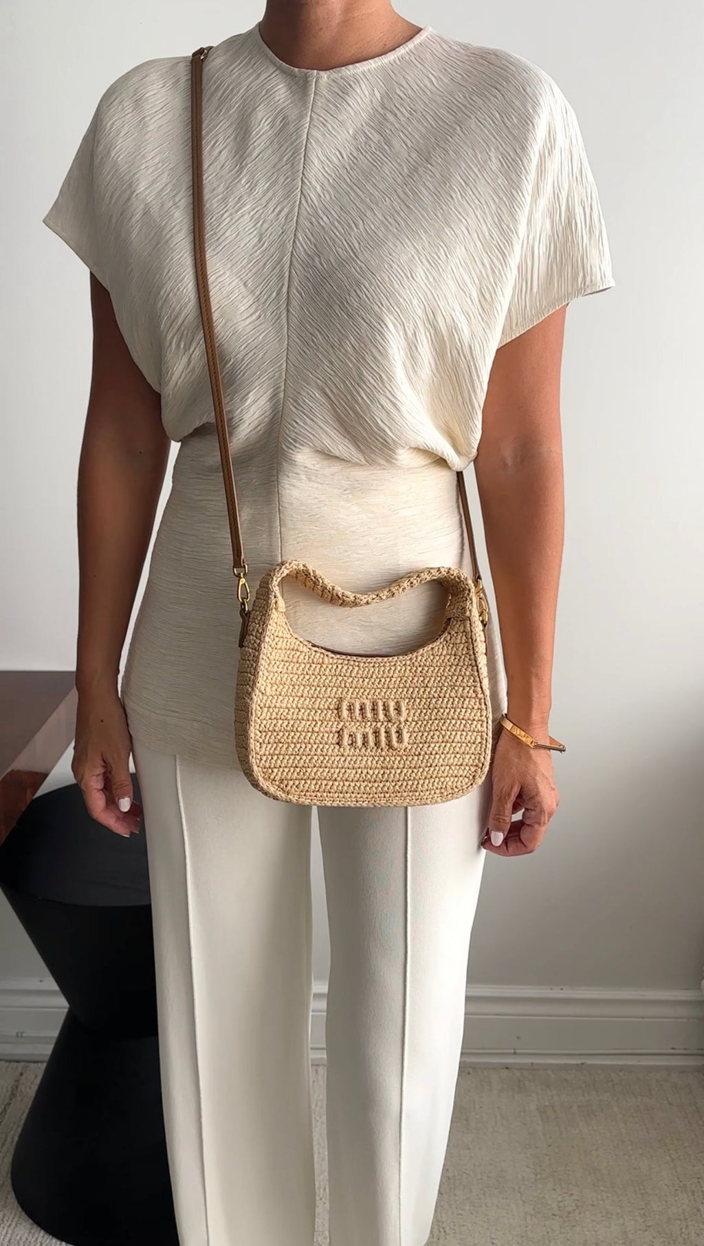 Miu Miu Wander Natural Raffia Crochet Crossbody Bag