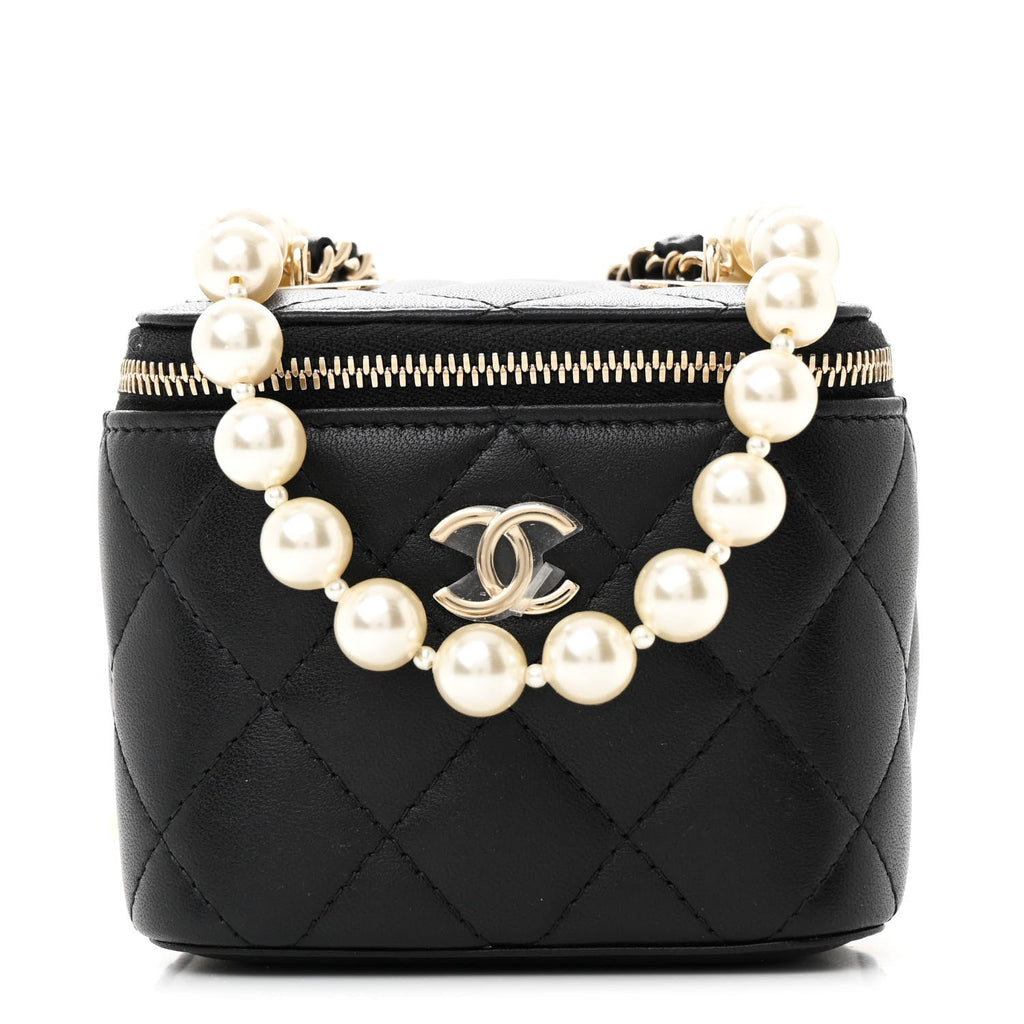 Lambskin Quilted Mini Vanity Case With Pearl Chain Black
