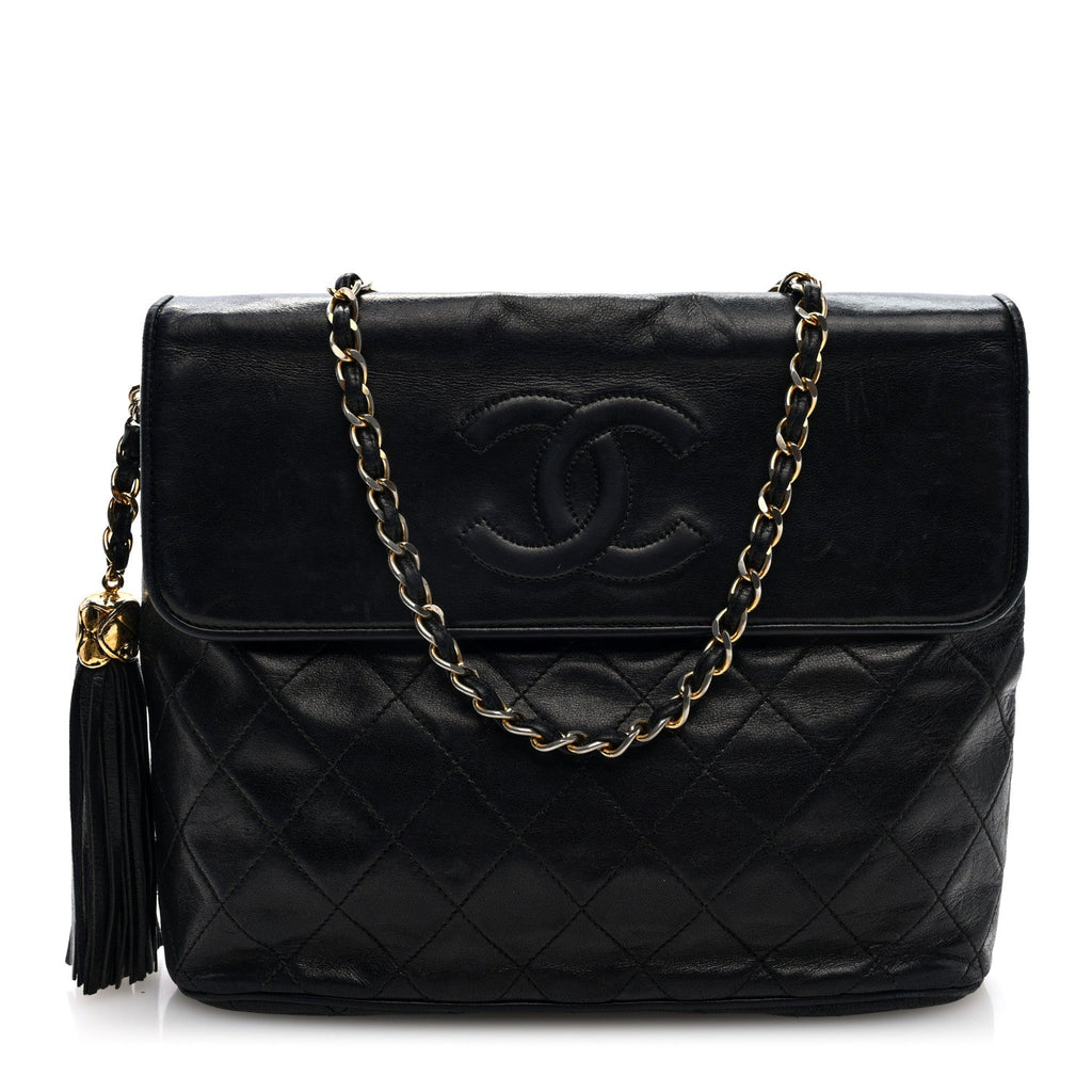 Lambskin Quilted CC Tassel Shoulder Flap Bag Black