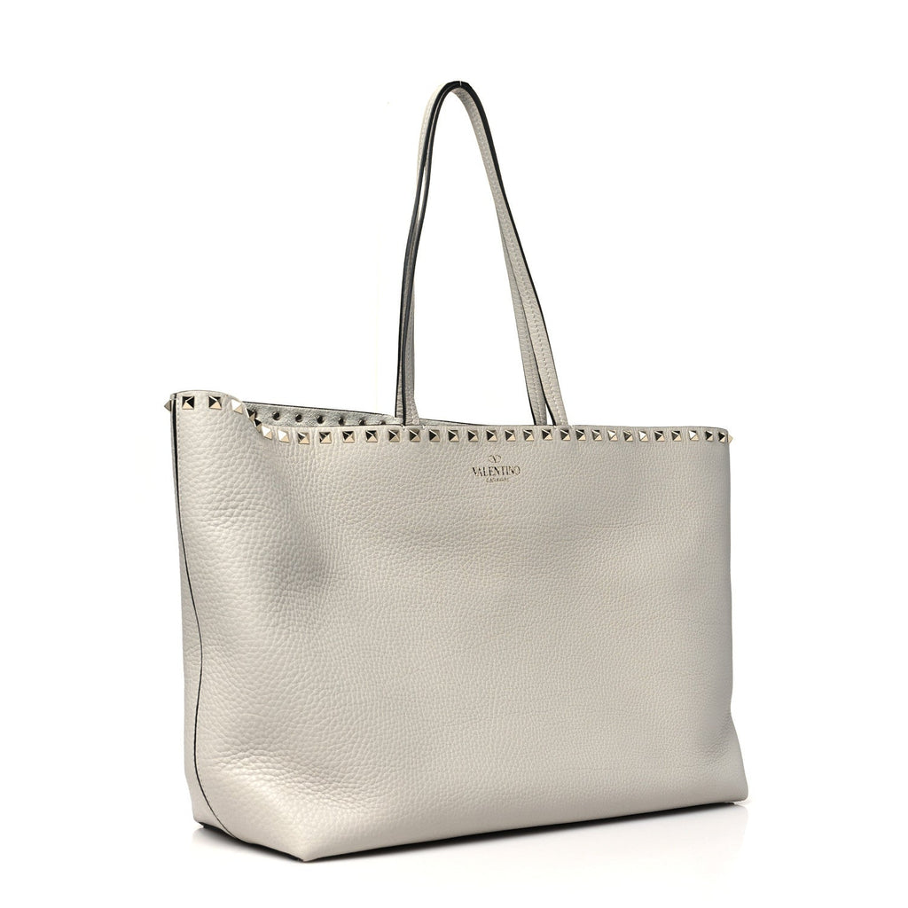 Grained Calfskin Rockstud Shoulder Tote Opal Grey