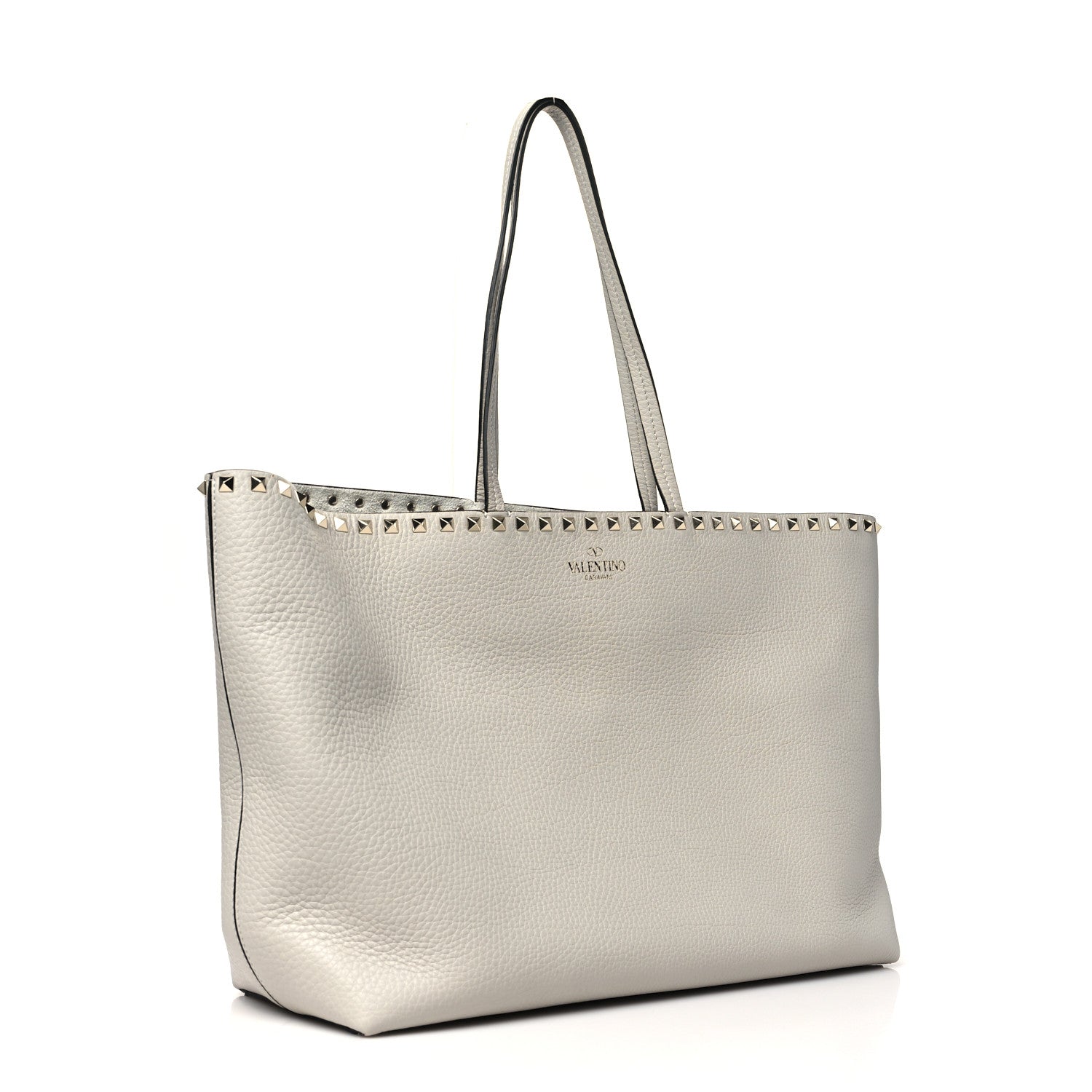 Grained Calfskin Rockstud Shoulder Tote Opal Grey