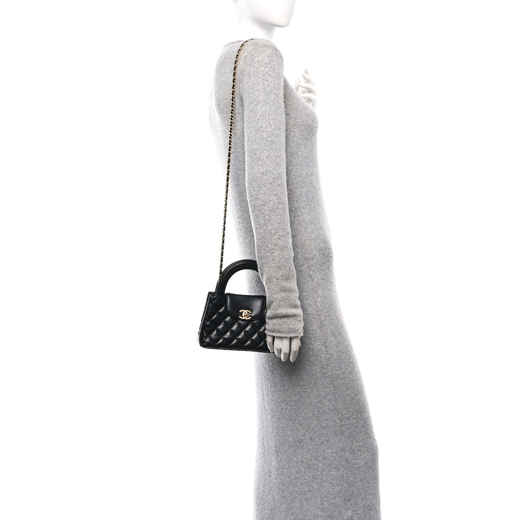 Shiny Aged Calfskin Quilted Nano Kelly Shopper Black