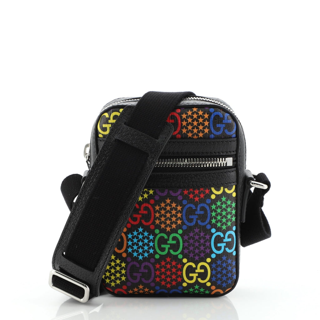Front Zip Messenger Bag Psychedelic Print GG Coated Canvas Mini