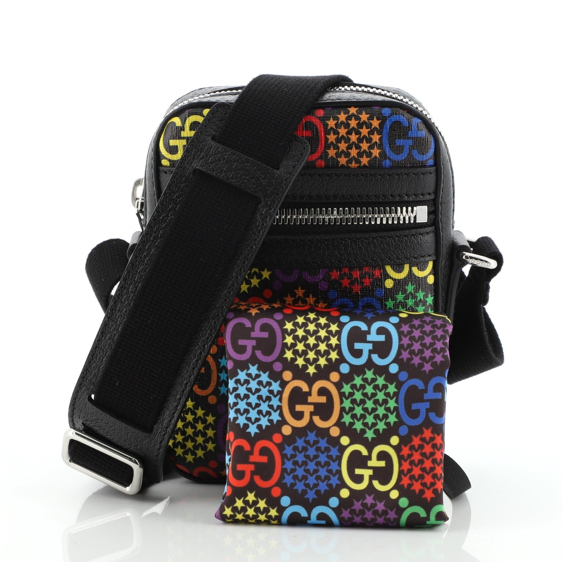 Front Zip Messenger Bag Psychedelic Print GG Coated Canvas Mini
