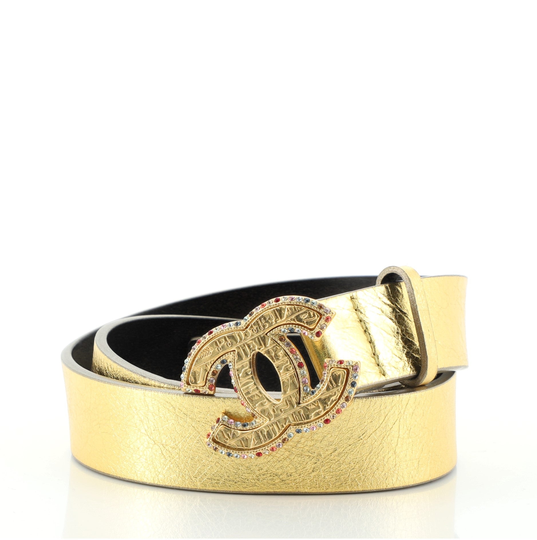 Paris-New York CC Belt Crystal Embellished Engraved Metal and Leather Thin 75