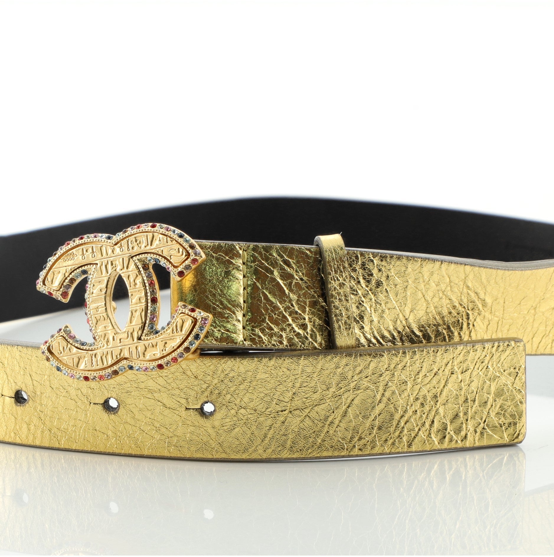 Paris-New York CC Belt Crystal Embellished Engraved Metal and Leather Thin 75
