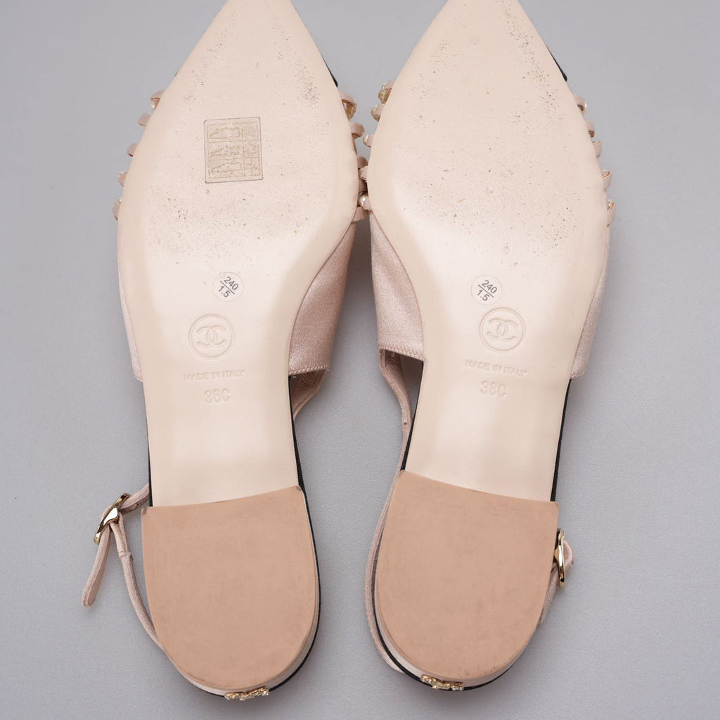 Chanel Satin Grosgrain Pearl Slingback Flats Pink/Black Size 38