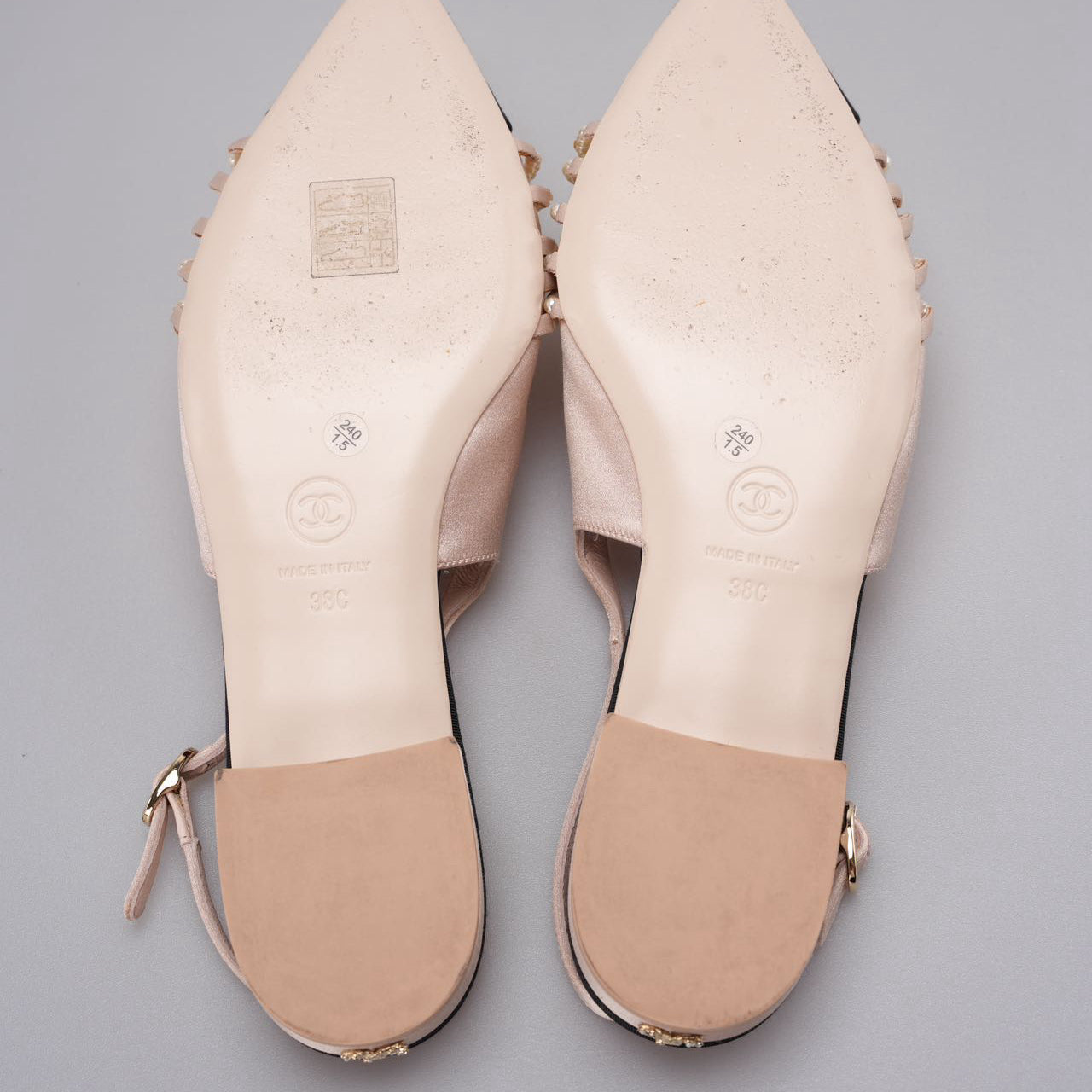 Chanel Satin Grosgrain Pearl Slingback Flats Pink/Black Size 38