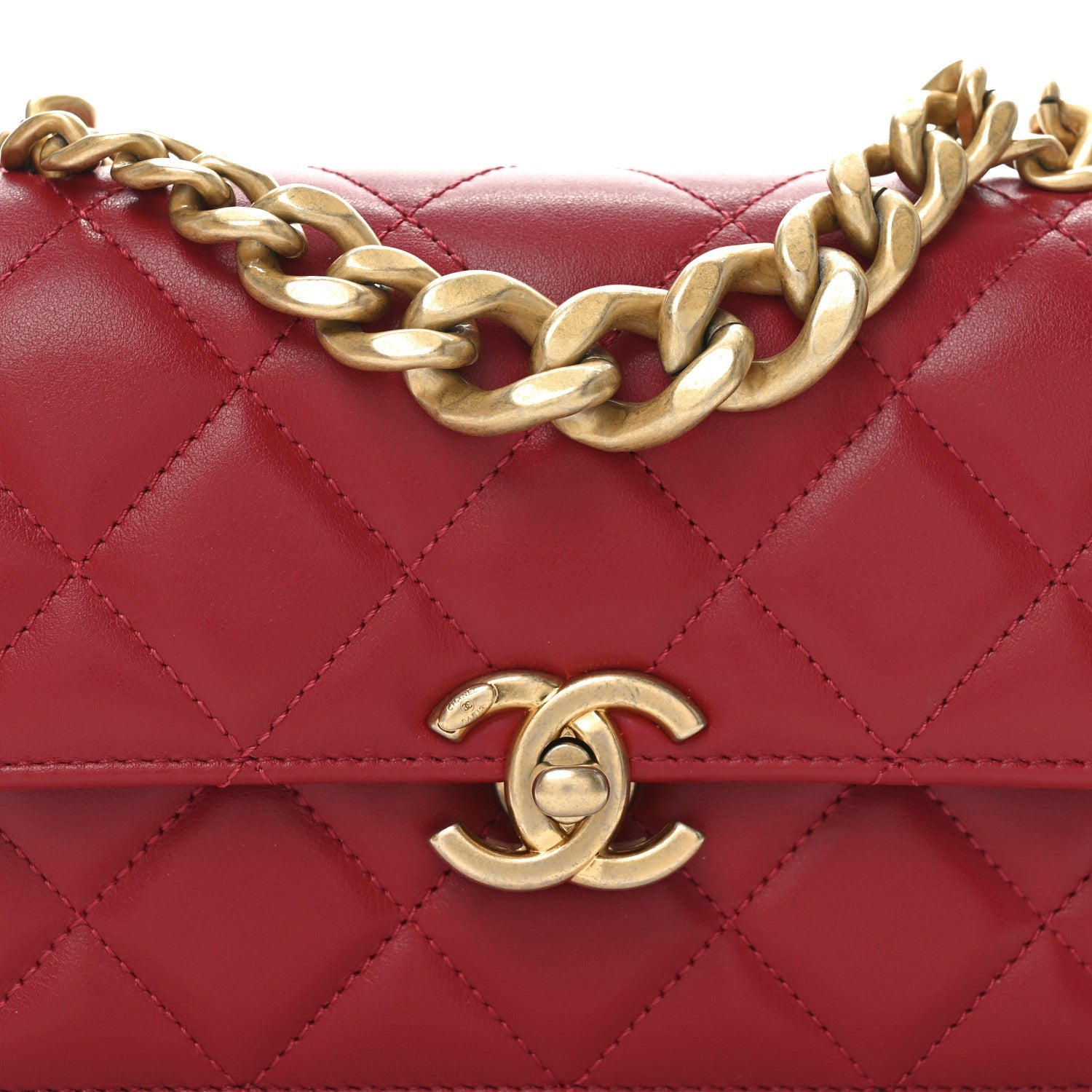 Lambskin Quilted Chunky Chain Handle Mini Flap Red