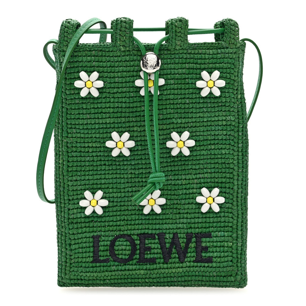 Raffia Beaded Drawstring Pocket Crossbody Tropical Green White