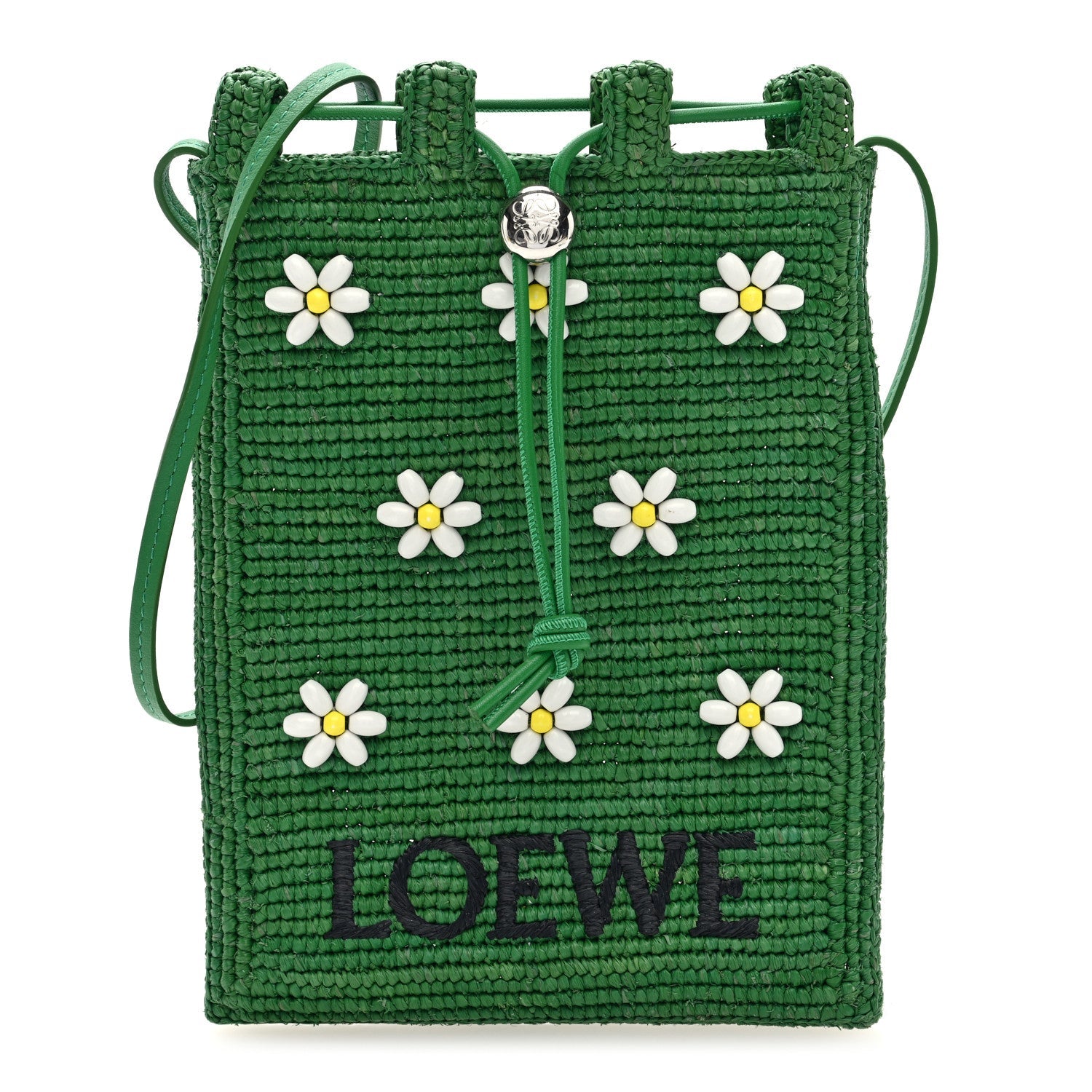 Raffia Beaded Drawstring Pocket Crossbody Tropical Green White