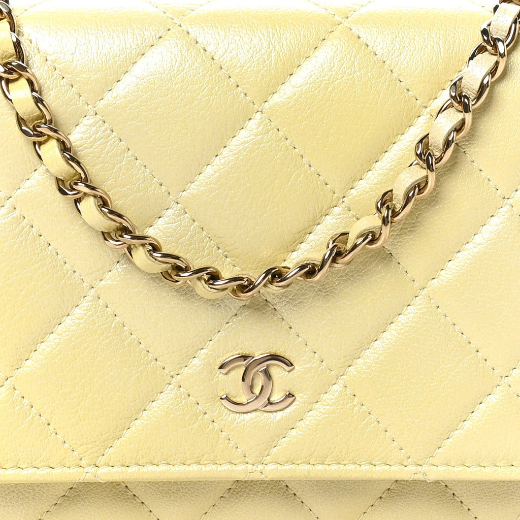 Iridescent Goatskin Quilted Wallet on Chain WOC Light Yellow
