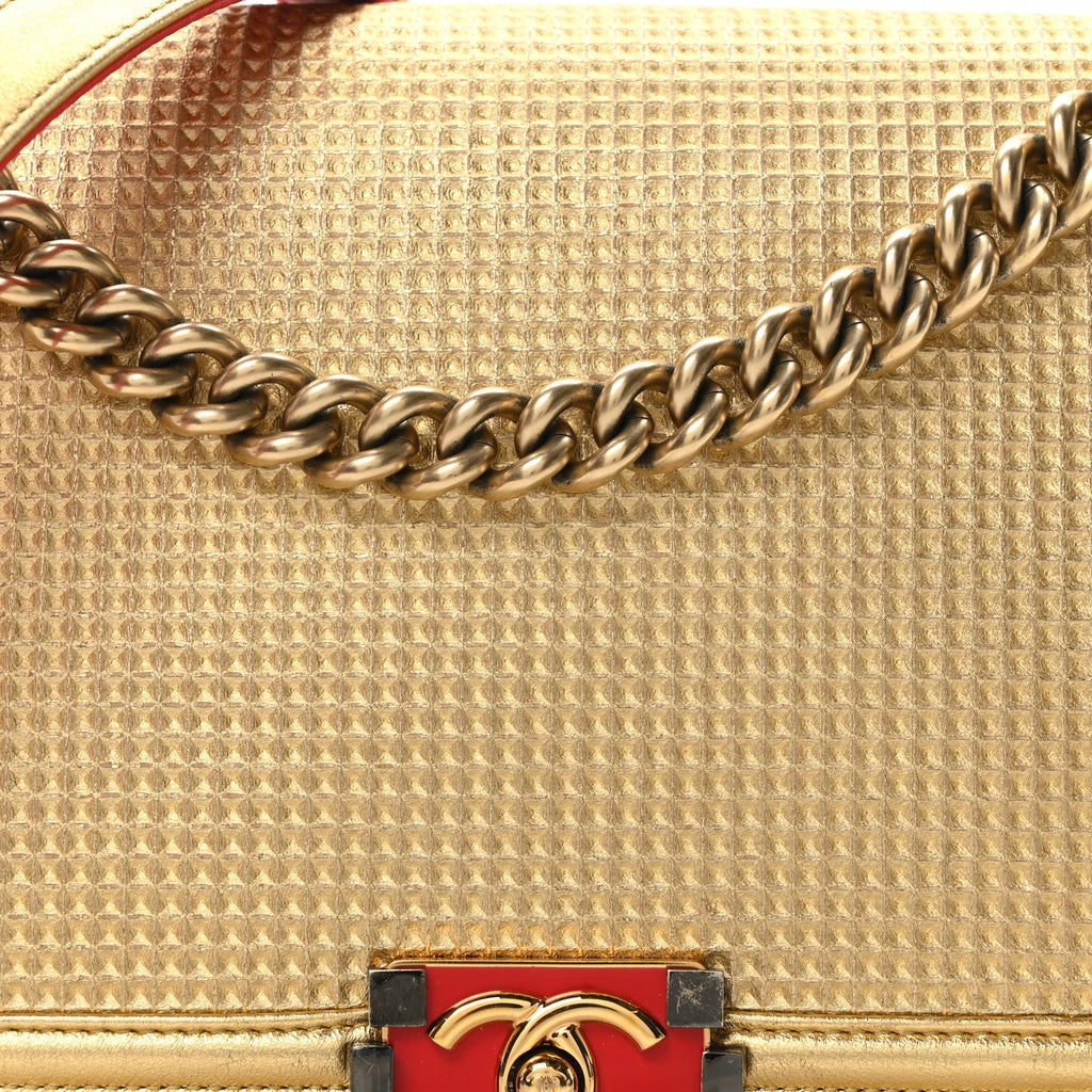 Metallic Lambskin Embossed New Medium Cube Boy Flap Gold