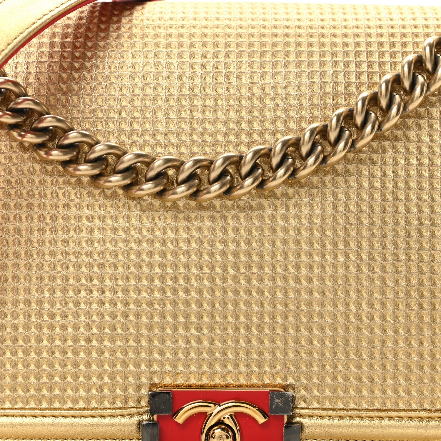 Metallic Lambskin Embossed New Medium Cube Boy Flap Gold