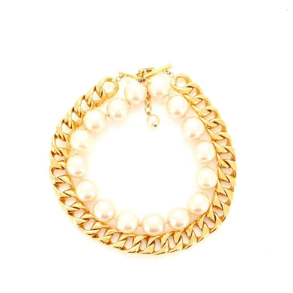 Double Strand Choker Necklace Metal and Faux Pearls 40
