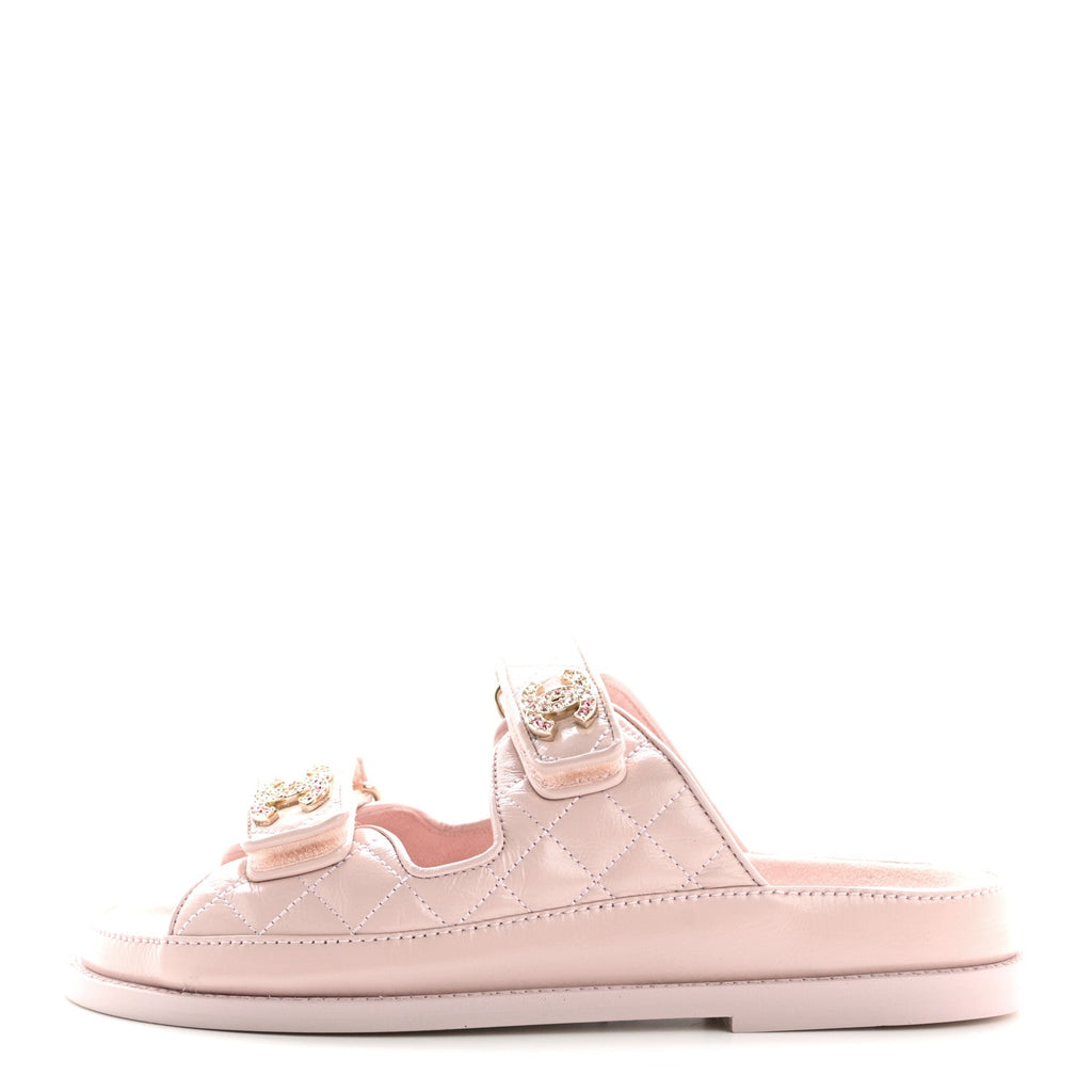 Shiny Calfskin Quilted Velcro Dad Crystal CC Slide Sandals 37 Light Pink