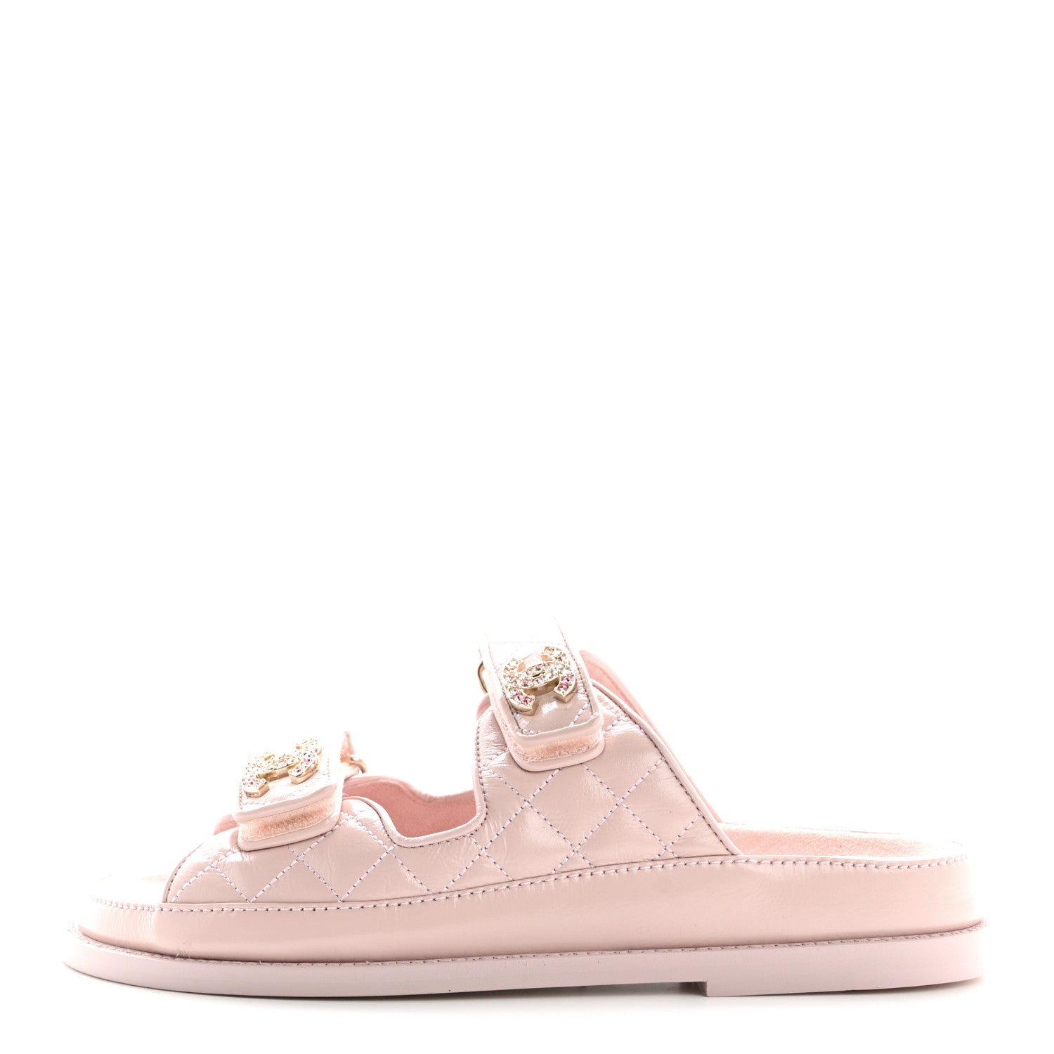 Shiny Calfskin Quilted Velcro Dad Crystal CC Slide Sandals 37 Light Pink