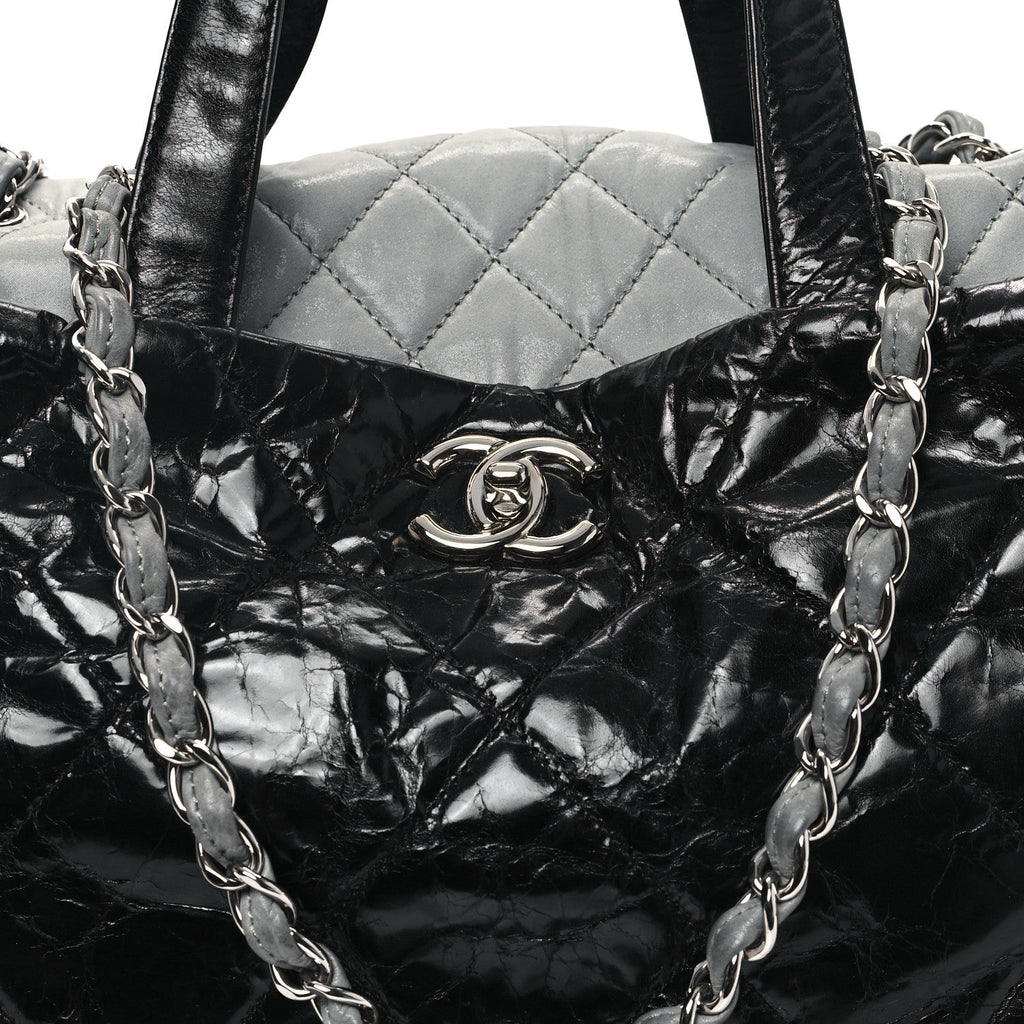 Glazed Calfskin Lambskin Quilted Portobello Tote Black Grey