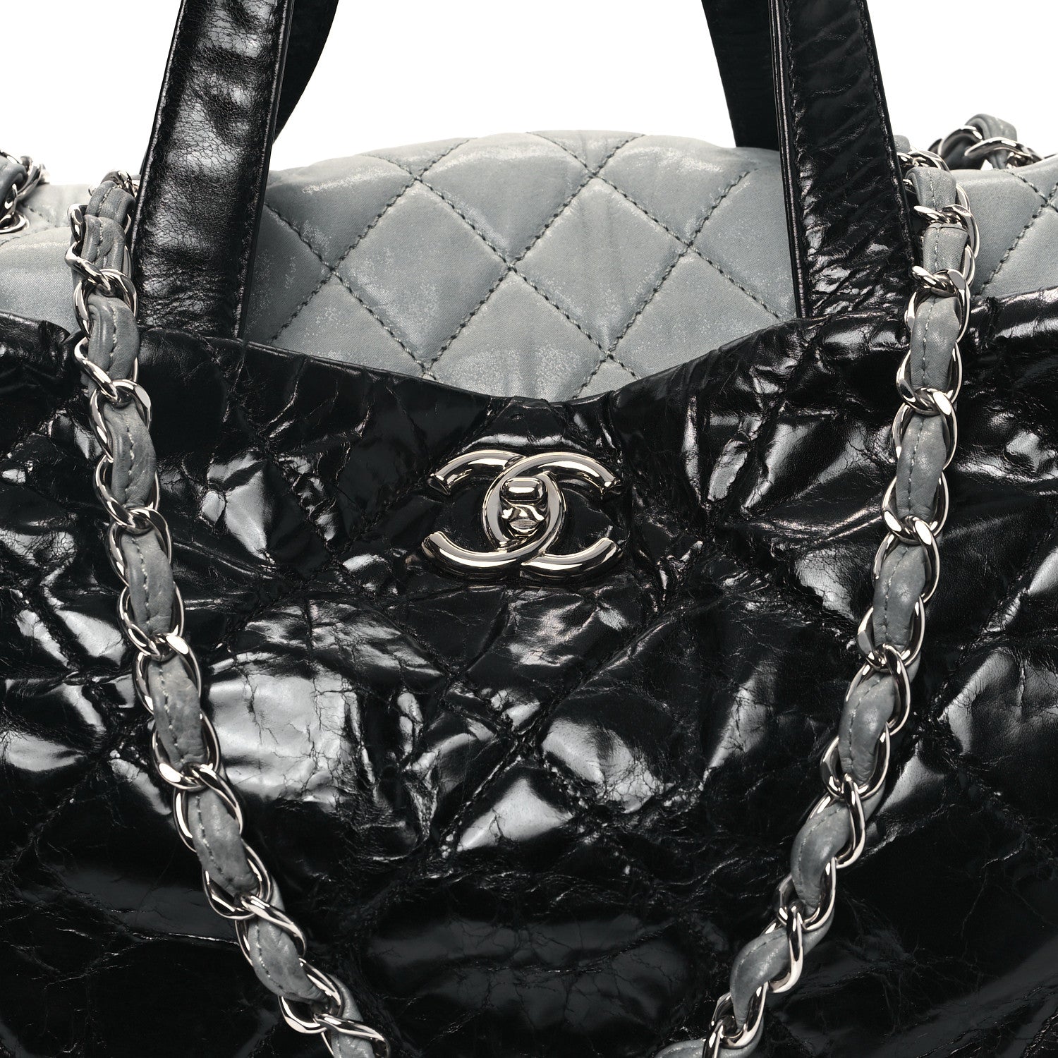 Glazed Calfskin Lambskin Quilted Portobello Tote Black Grey