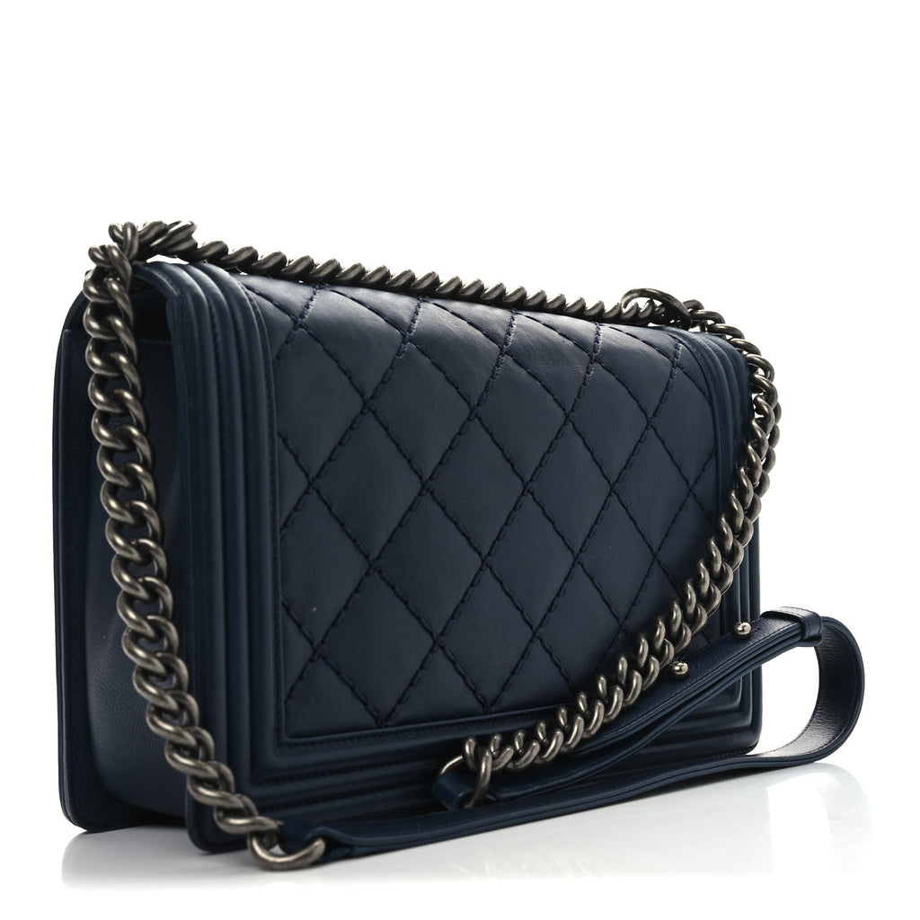 Calfskin Double Stitch New Medium Boy Flap Navy Blue