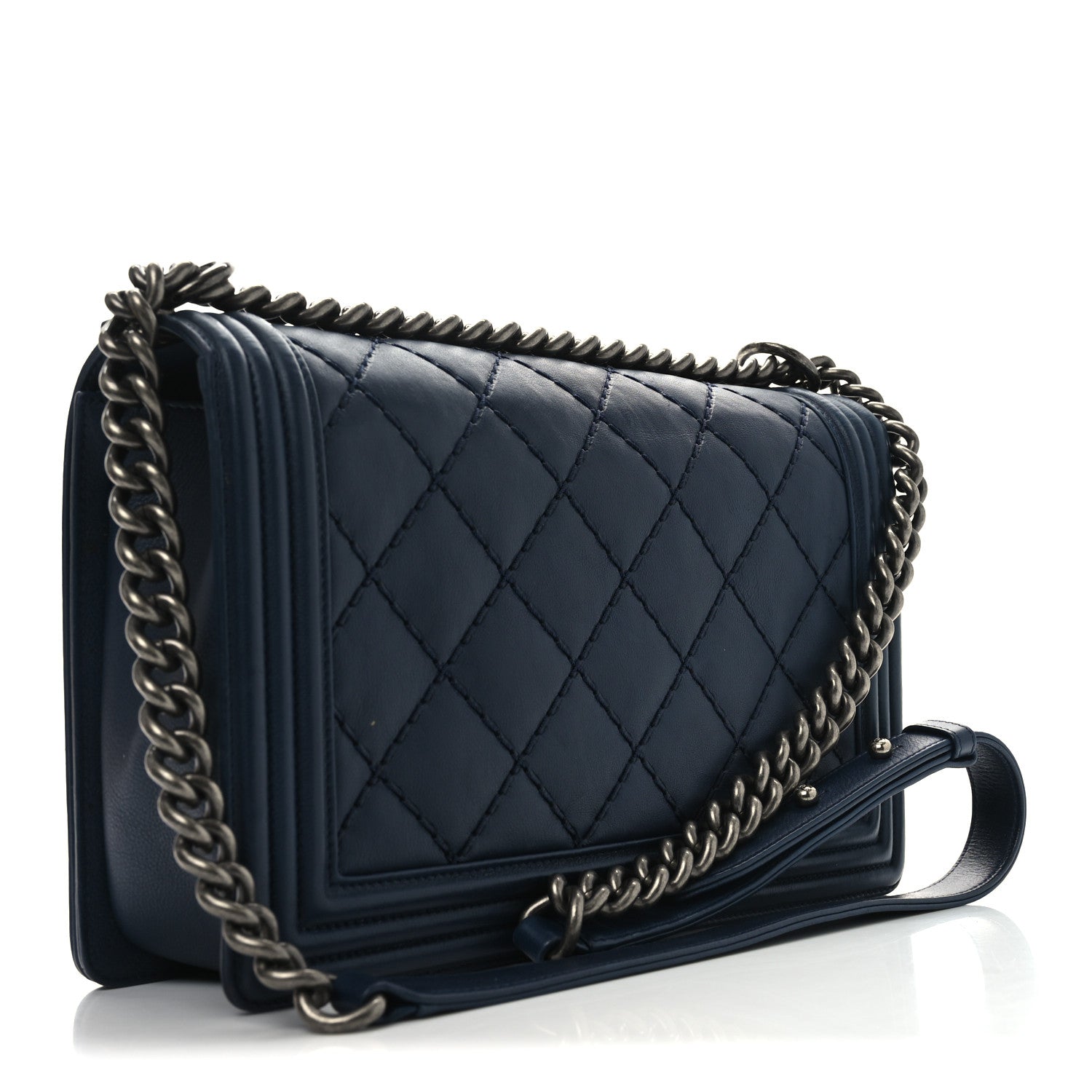 Calfskin Double Stitch New Medium Boy Flap Navy Blue