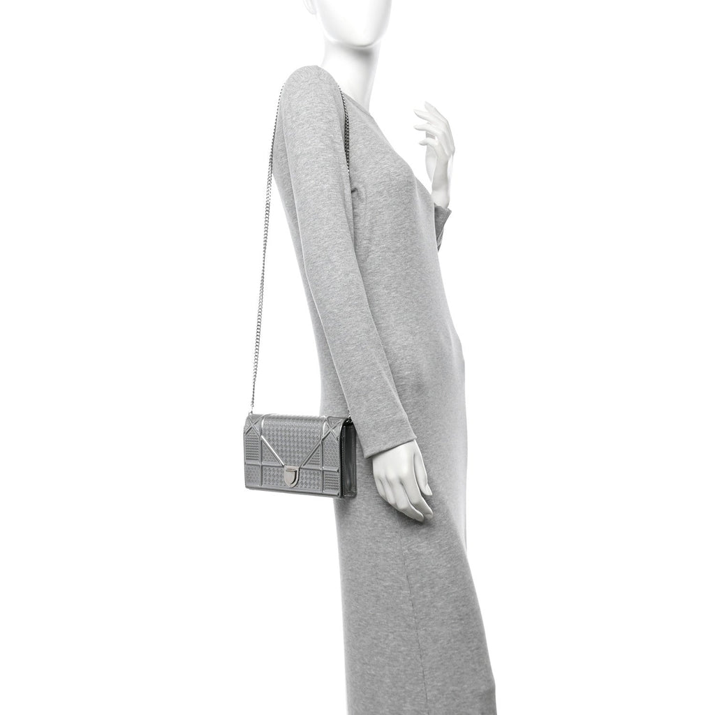 Metallic Patent Micro-Cannage Diorama Wallet on Chain Pouch Silver