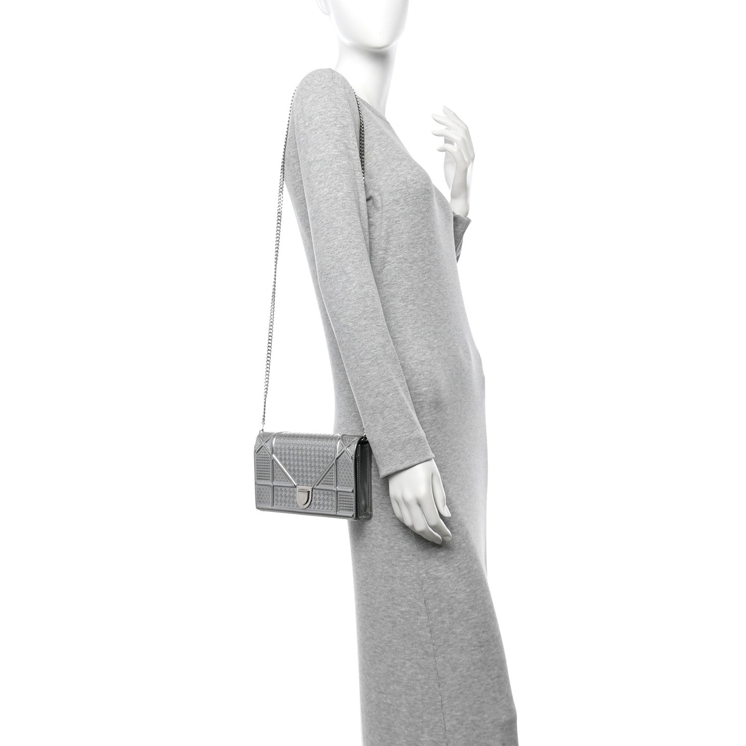 Metallic Patent Micro-Cannage Diorama Wallet on Chain Pouch Silver