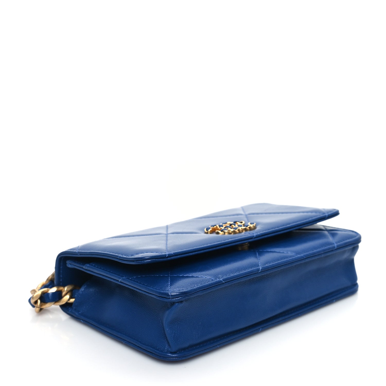 Shiny Goatskin Quilted Chanel 19 Wallet On Chain WOC  Blue