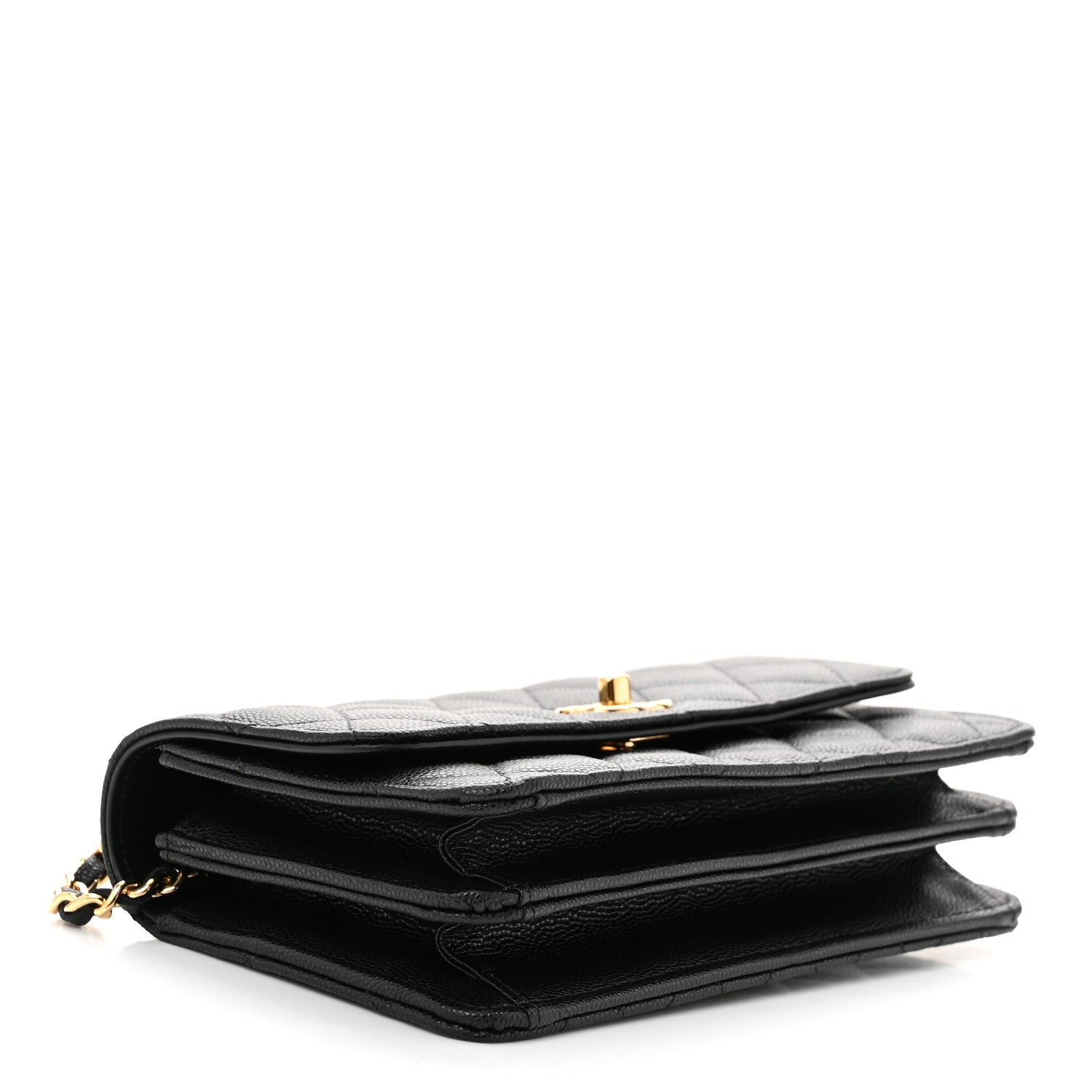 Shiny Caviar Quilted Flap Charm Wallet On Chain WOC Black